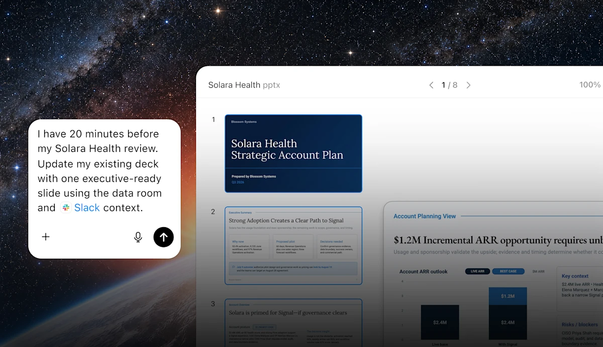 Updating a presentation using data room and Slack context
