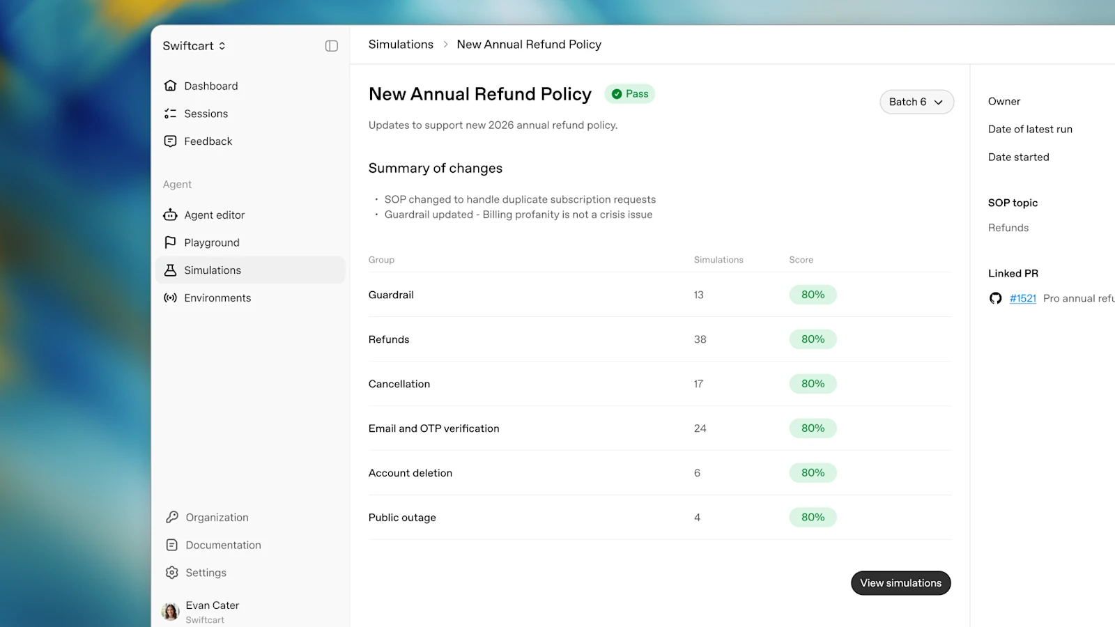 Simulation batch: group scores after a new annual refund policy change