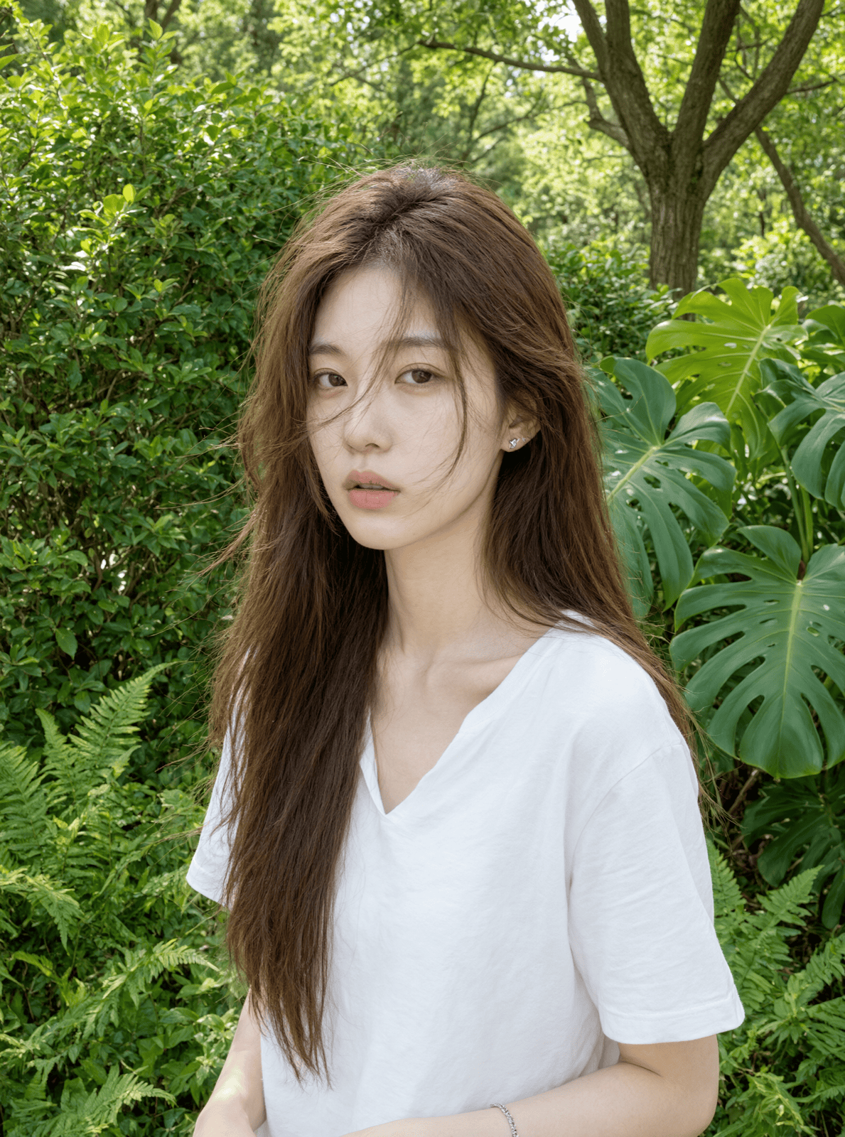 屋外の自然光による人物写真、風になびく後れ毛