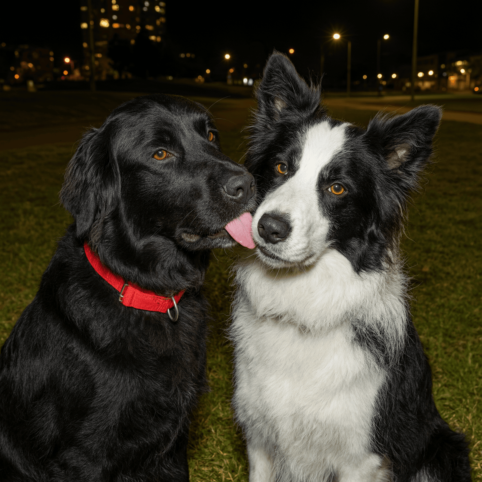 夜、フラッシュ撮影された2匹の犬