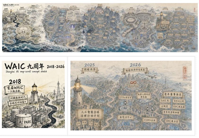 WAIC 9 周年《智会世図》4:1 水墨長巻の全景と部分拡大