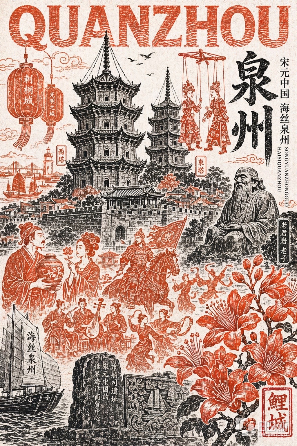 泉州をテーマにした版画風ポスター