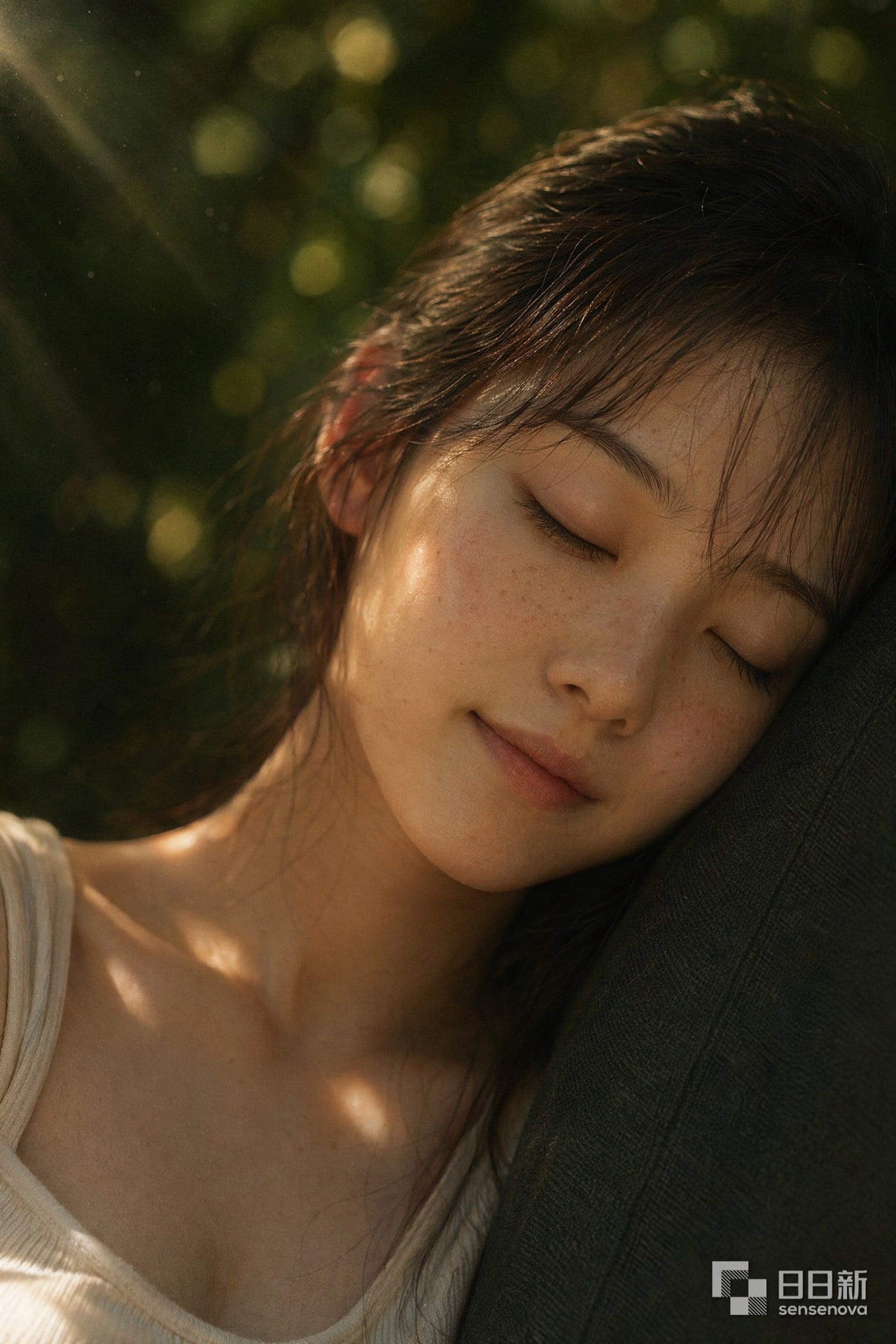 木陰でひと休みするそばかすの少女のリアルな接写