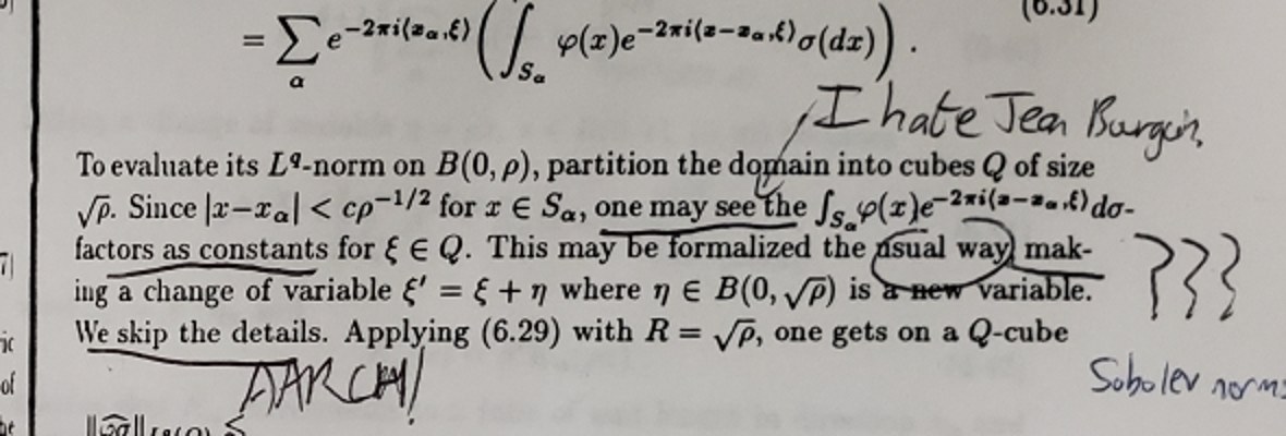 Close-up of the same page: printed phrase 'We skip the details' underlined with handwritten 'AARGH!', three question marks, and 'I hate Jean Bourgain'
