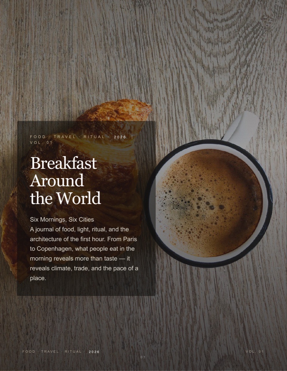 Cover of the nine-page breakfast travel magazine generated by Inkling